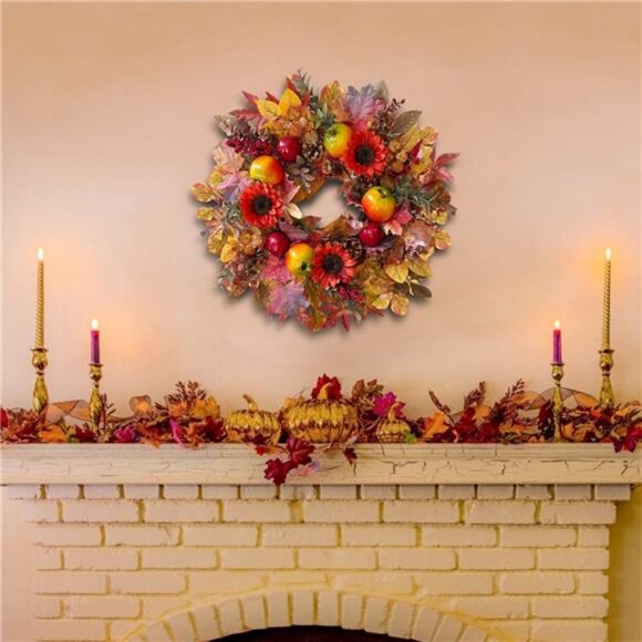Fall Wreaths for Front Door, 24 Inch Orange Autumn Door...